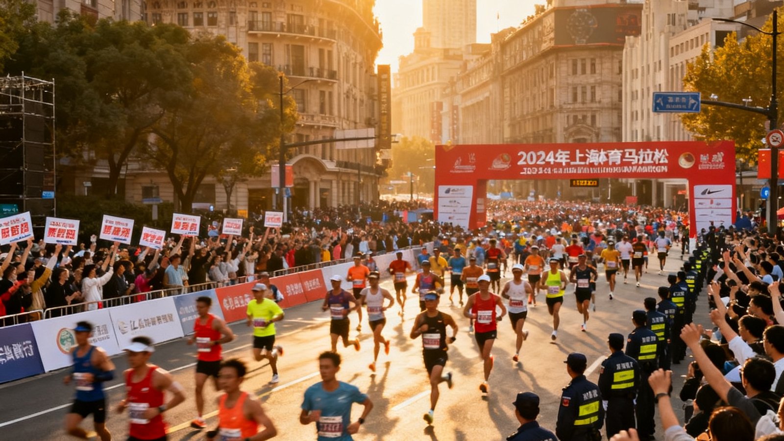 2024年上海马拉松起跑瞬间，数万名跑者在城市街道上奔跑，沿途观众热情加油，三亿体育赛事团队在赛道旁保障