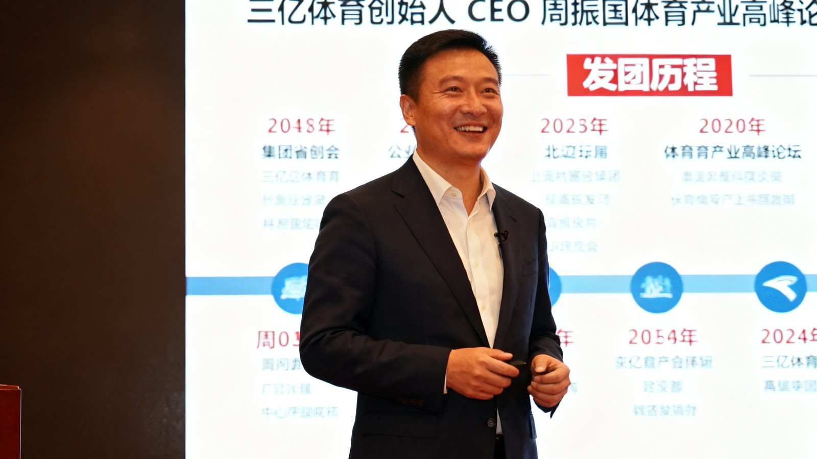 三亿体育创始人兼CEO周振国在体育产业高峰论坛上发表演讲，背景大屏幕展示集团发展历程，周振国身着深色西装神情自信