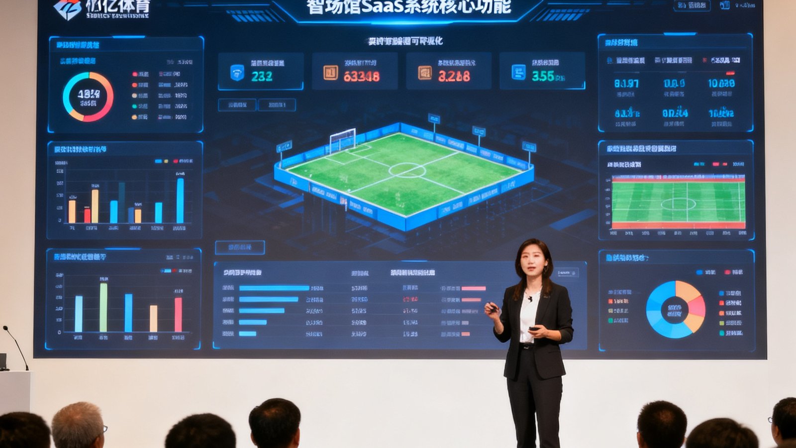 三亿体育CTO林晓薇在产品发布会上向观众演示智场馆SaaS系统的核心功能，大屏幕展示实时数据可视化界面
