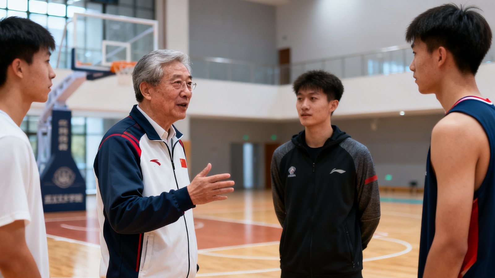 武汉某高校体育学院院长陈教授在校园体育场馆内与学生交流的场景，身后是现代化的室内篮球场